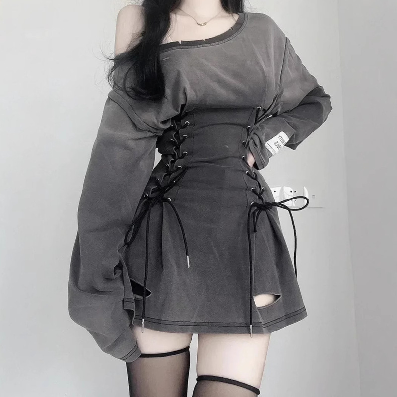 Y2K American Style Hot Girl Slant Shoulder Open Shoulder Strap Tight Waist dress Women's Autumn New High Street Long Sleeve Sweatshirt Skirt Ins