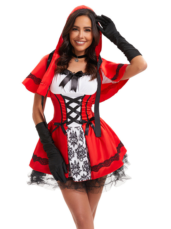 ハロウィンコスプレ赤ずきん衣装城の女王服ゴシック風ショートスカート帽子付きショールメイド服|undefined