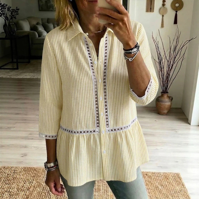 2026 European and American Independent Site Amazon Spring and Summer New Casual Striped Plaid Patchwork Lace Hollow-Out Shirt 2026 European and American Independent Site Amazon Spring and Summer New Casual Striped Plaid Patchwork Lace Hollow-Out Shirt