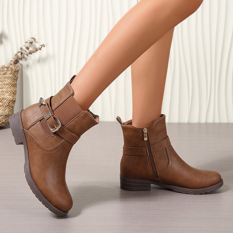Casual Single Boots Spring and Autumn Round Toe Side Zipper Thick Heel Solid Color Belt Buckle Women's Martin Boots