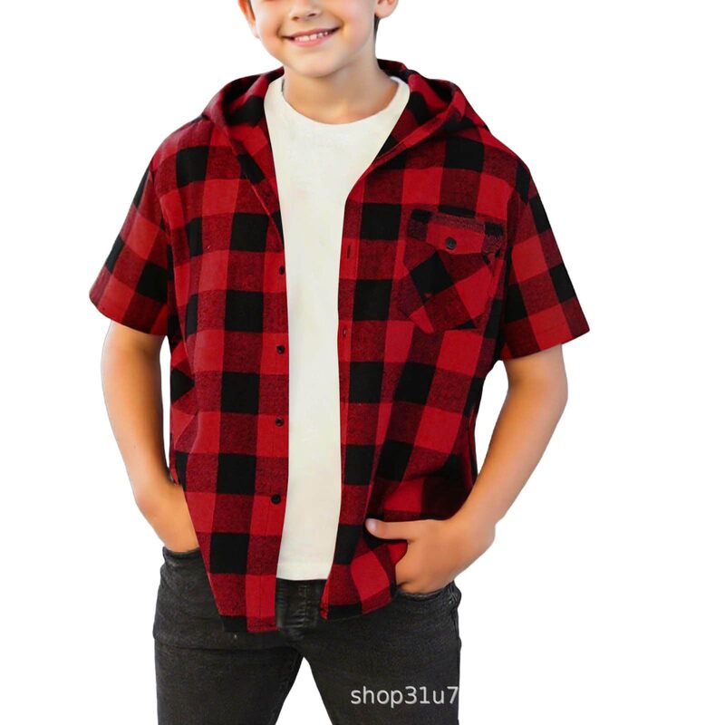 (4-15 Years Old) Autumn Button-Down Plaid Shirt for Boys and Girls, Casual Short-Sleeved Hooded Fashion Jacket