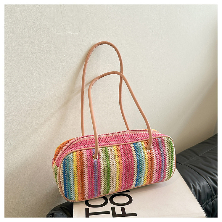 Women's Medium Straw Rainbow Vacation Classic Style Weave Oval Zipper Straw Bag display picture 23