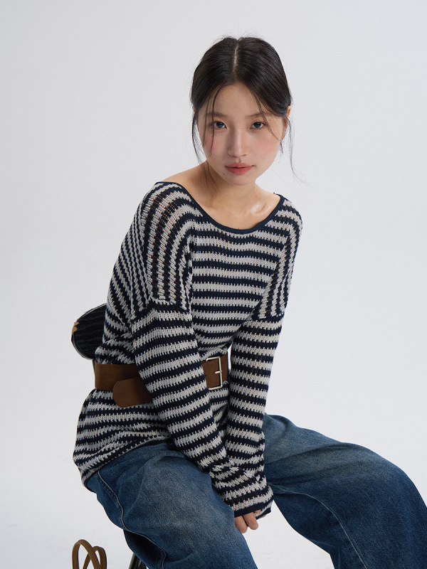 【欧凡】黑白条纹长袖针织毛衣女2025秋季新款时尚松弛感上衣3126|undefined