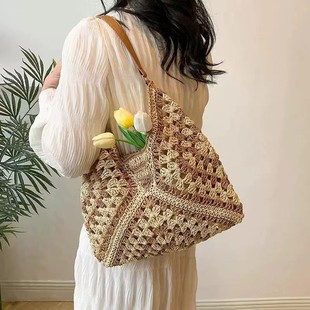 Straw capacious shoulder bag, summer one-shoulder bag, underarm bag, Chinese style