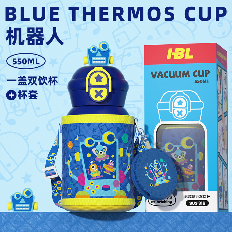 Muñeca portátil al aire libre taza de agua doble boca botella de paja de acero inoxidable vacío taza de aislamiento térmico para niños