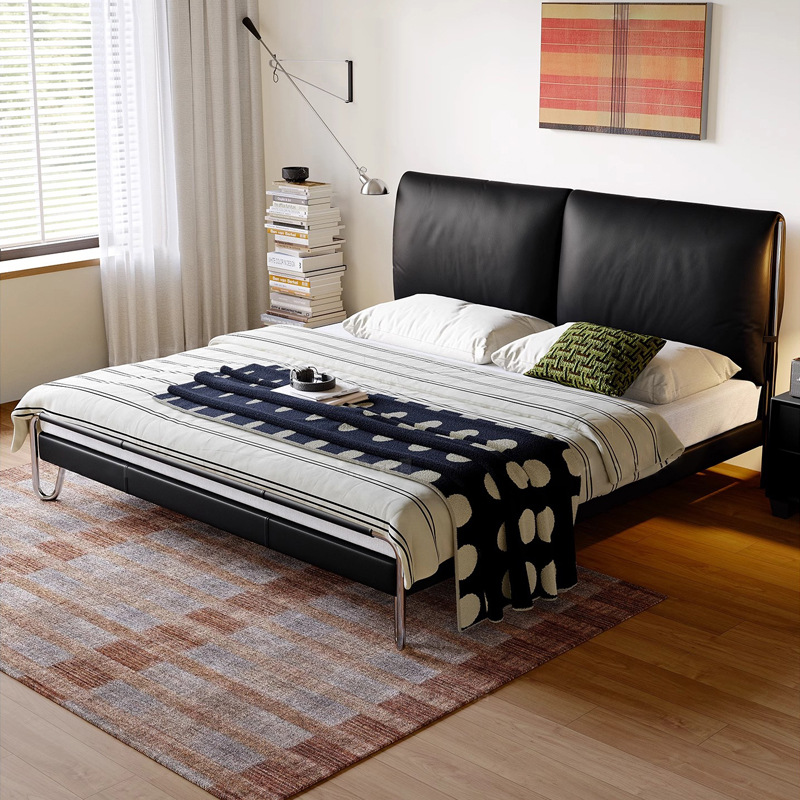 Bama de cuero estilo Bauhaus 2025 cama principal cama grande cama negra blanda de 1,8 m cama doble de alta gama nuevo