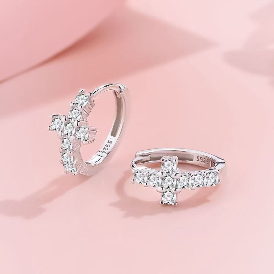 S925 sterling silver full diamond cross ear buckle women plated 18K gold inlaid zircon Europe and America 2025 Amazon new best selling