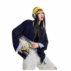 撞色拼接格子翻领假两件夹克外套女秋冬季百搭嘻哈情侣开衫上衣潮
