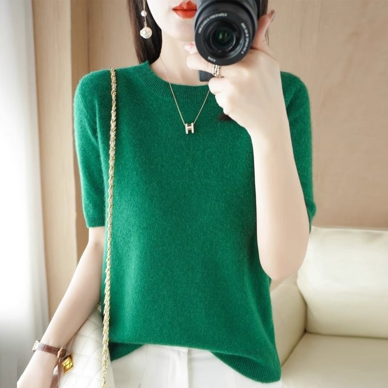 Right Shoulder Round Neck Mid-Sleeve Knitwear for Women 2025 Summer New Style Loose and Versatile Design Bottoming Shirt Top