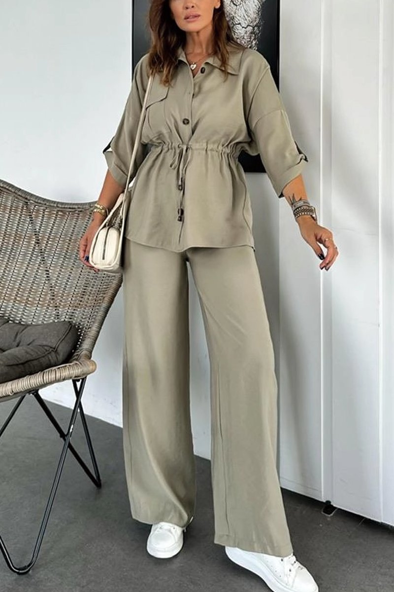 Women's Autumn Solid Color Casual Button Drawstring Loose Suit European And American Style_ecoleips.com