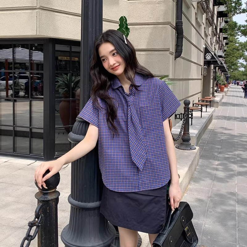 French-Style Plaid Tie Short-Sleeve Shirt for Women, Summer French Unique and Exquisite Collared Casual Youthful Top