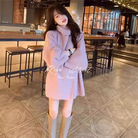 F1253B千金羊毛大衣女白色双面呢围脖领系带短款毛呢外套高级宽松