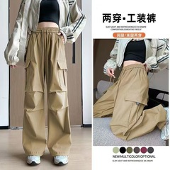 美式红色工装裤子女春秋高腰宽松阔腿裤抽绳束脚休闲爵士舞运动裤