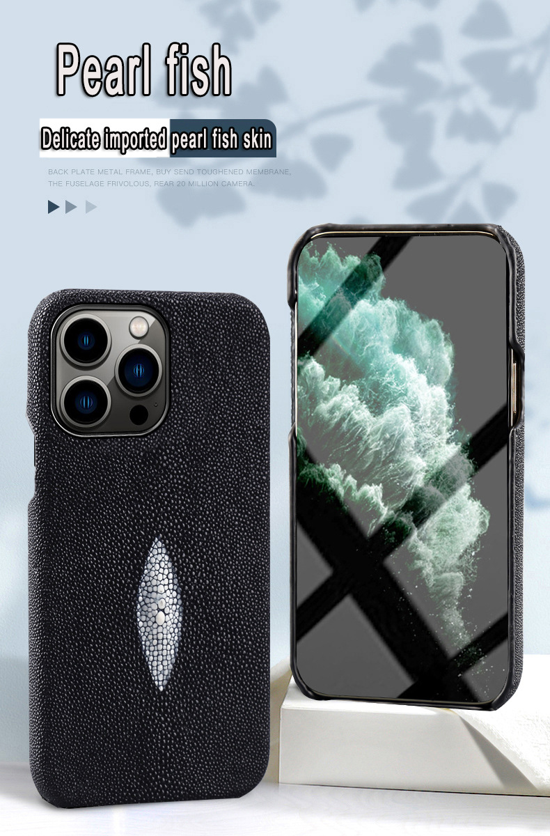 Ốp lưng điện thoại da cá ngọc trai tự nhiên cho iPhone 14/12 Pro Max/13 Pro/11 — Màu đen chi tiết 1