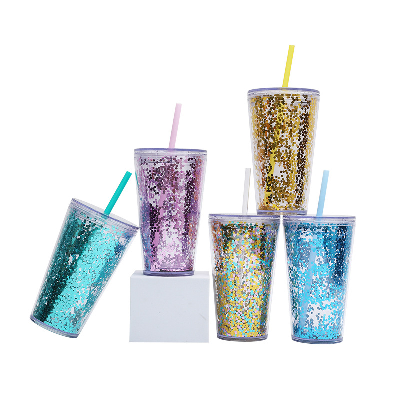Pajita de plástico de doble capa con logotipo, taza de té con leche, taza simple y portátil, taza de té de frutas con lentejuelas, taza de verano