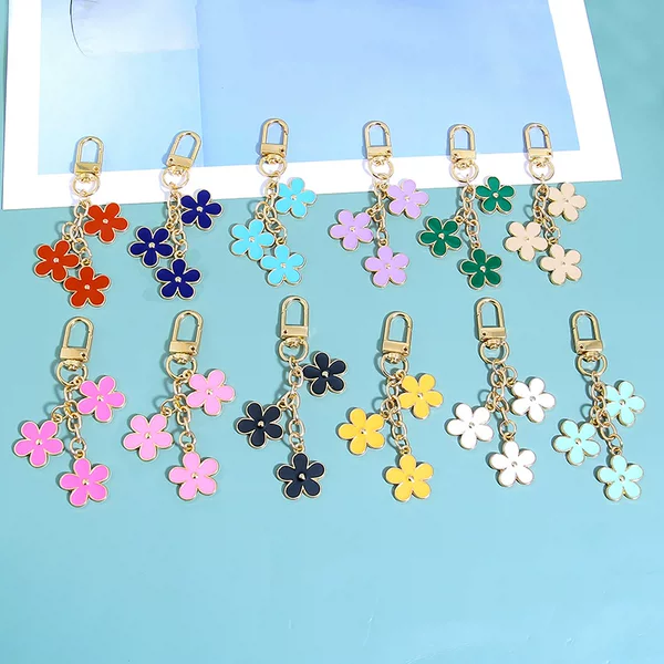 Cross-border color double-sided flower keychain pendant Amazon metal keychain diy bag earphone cover decoration