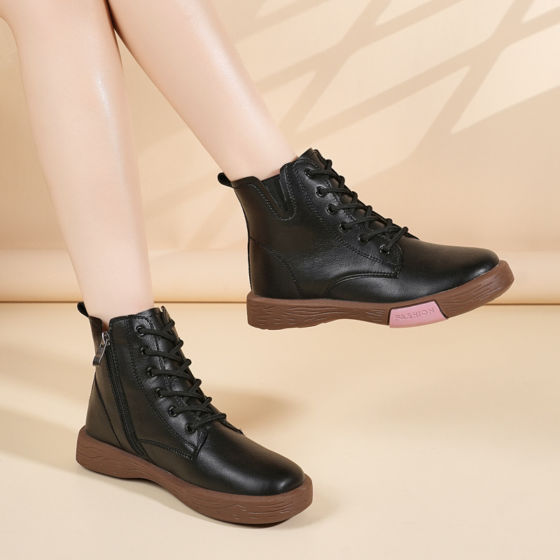 Zapatos de mujer Zhongfang2025 otoño y invierno nuevo cuero retro cordón medio botas cortas laterales con cremallera plana zapatos