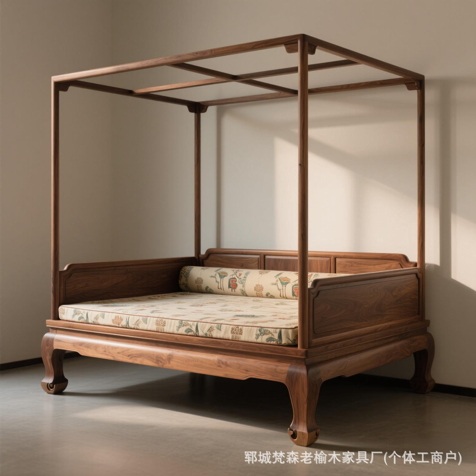 Old Elm Solid Wood Step Bed, New Chinese Style Hollow Carved Double Four-Poster Luohan Bed, Antique Style Solid Wood Bed