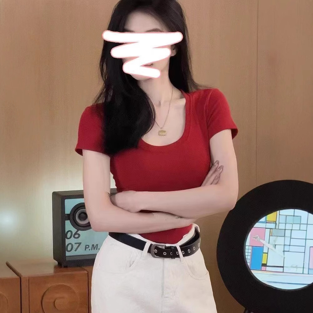봄 여름 신상 라지 U넥 반팔 티셔츠 2025 패셔너블 캐주얼 슬림핏 여성용 탑/베이스 레이어 쇼트 스타일