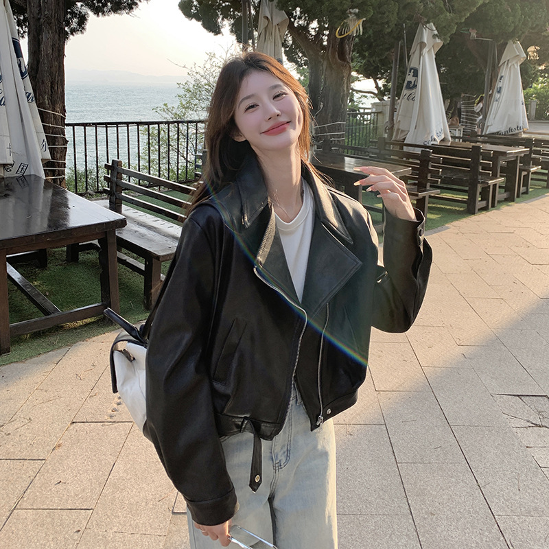 Black Leather Jacket Women's Short Style Petite 2025 Spring and Autum Retro Motorcycle Jacket Hong Kong Style Pu Leather Jacket