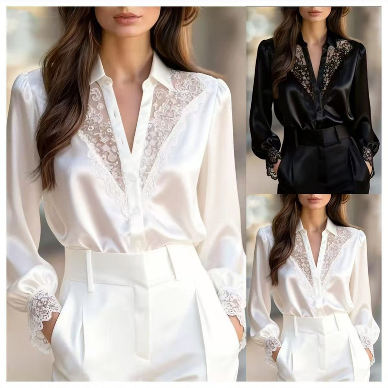 2026 New Style French Satin V-Neck Lace Splicing Long-Sleeved Shirt for Women, Elegant and Elegant Work Clothing Puff-Sleeved Top