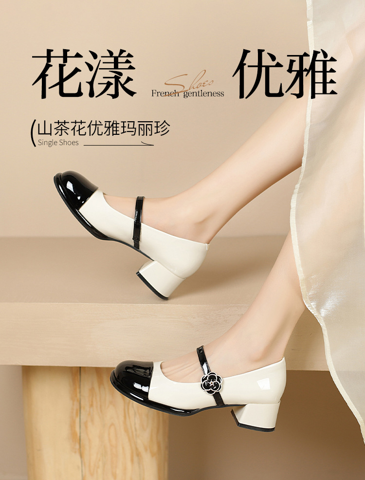 Giày Mary Jane nữ quai ngang cổ điển, gót vuông, mũi nhọn — AW107 mét Đen chi tiết 3