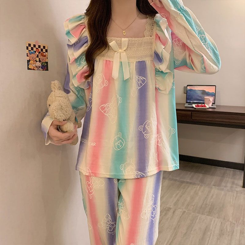 Al por mayor transfronterizo de otoño de mangas largas de encaje cuello cuadrado pijama de mujer dulce cómodo simple cubierta de ropa de algodón para el hogar