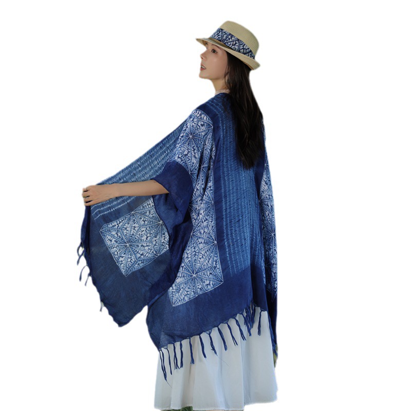 Nueva Yunnan retro tie-teñido borla bufanda estilo étnico viajes protección solar exterior chal artístico todo-fósforo cardigan para las mujeres