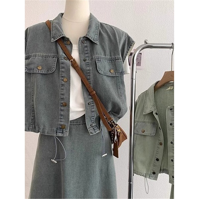 Spring and Summer Short Denim Jacket American Women's Top High-Waisted A-Line Culottes Casual Slimming Look Two-Piece Retro Suit