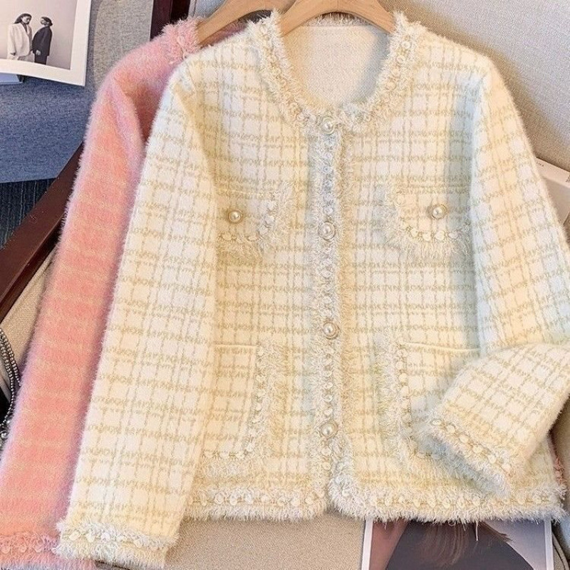 外套洋气秋冬仿水貂针织新款香风气质宽松名媛开衫上衣