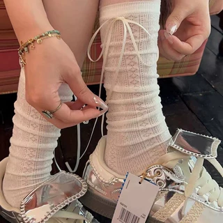 春夏薄款纯色堆堆袜透气女袜中筒袜显瘦jk袜短袜蝴蝶结甜美袜子女