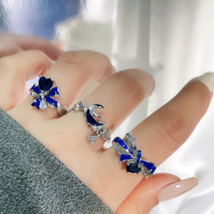 歐美風氣質個性藍色愛心滴釉蝴蝶結開口戒指女ins獨特潮時尚指環