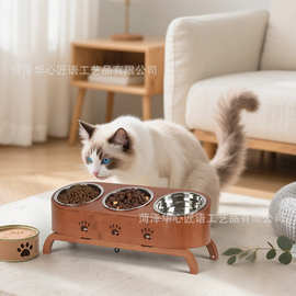 实木高架猫碗三碗倾斜护颈猫食盆 宠物喂食架 中小型犬狗碗