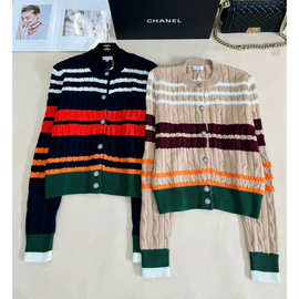 2024秋冬圆领开衫修身型长袖厚条纹蓝色气质通勤针织衫