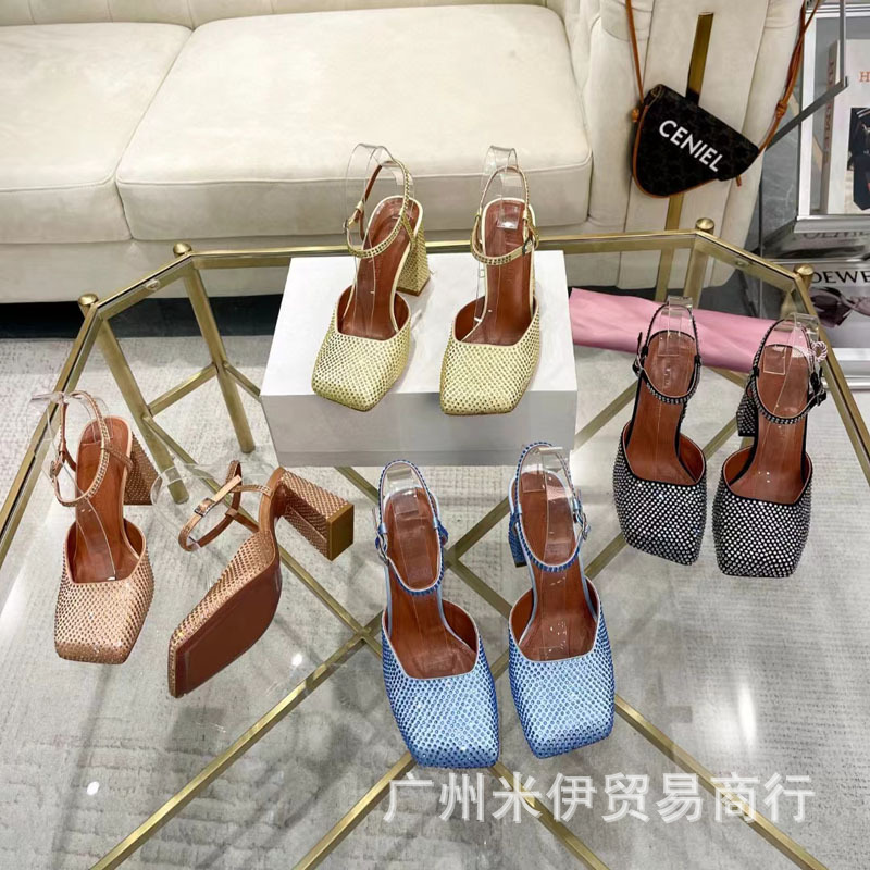Summer High-end Hot Rhinestone High-heeled Sandals Square-toe Sexy One-word Buckle Belt Mary Jane Rhinestone Thick-heeled Fashion Single-layer Shoes