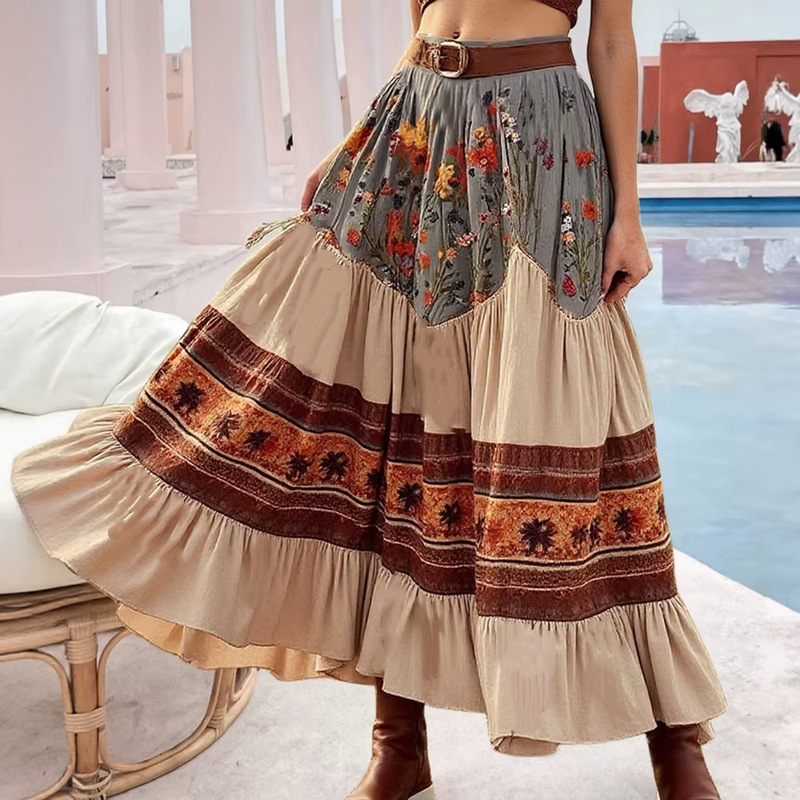 Cross-Border French Retro Design Bohemian Resort Style Artistic Patchwork Long Skirt