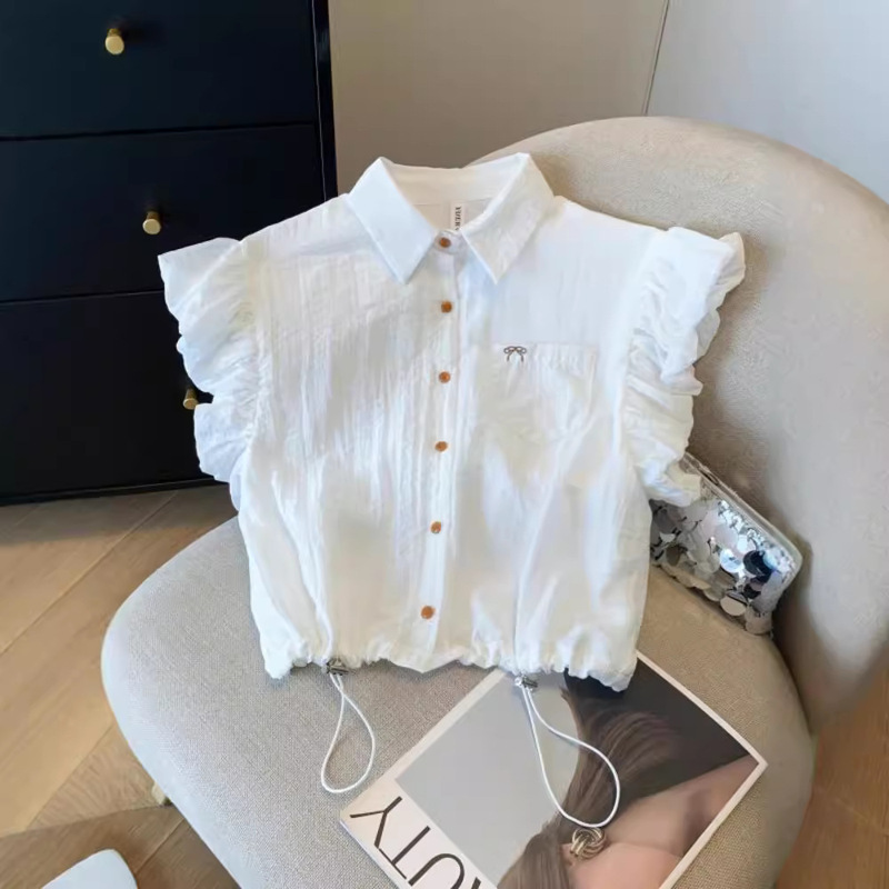 French Style Polo Collar Small Flying Sleeve White Shirt Women's Summer 2024 New Design Sense Niche Short Waisted Top