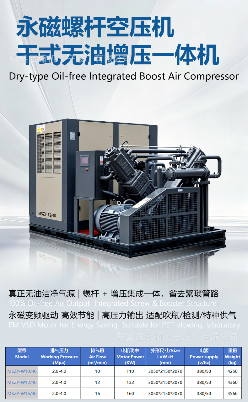 Dry-type oil-free screw air compressor, large high-pressure 20 kg 40 bar air compressor unit for high-altitude pressurization