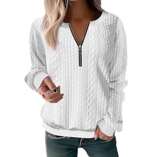 2024 European and American Cross-border Amazon Independent Station Autumn and Winter New Women's Long Sleeve Solid Color V-neck Zip T-shirt Top