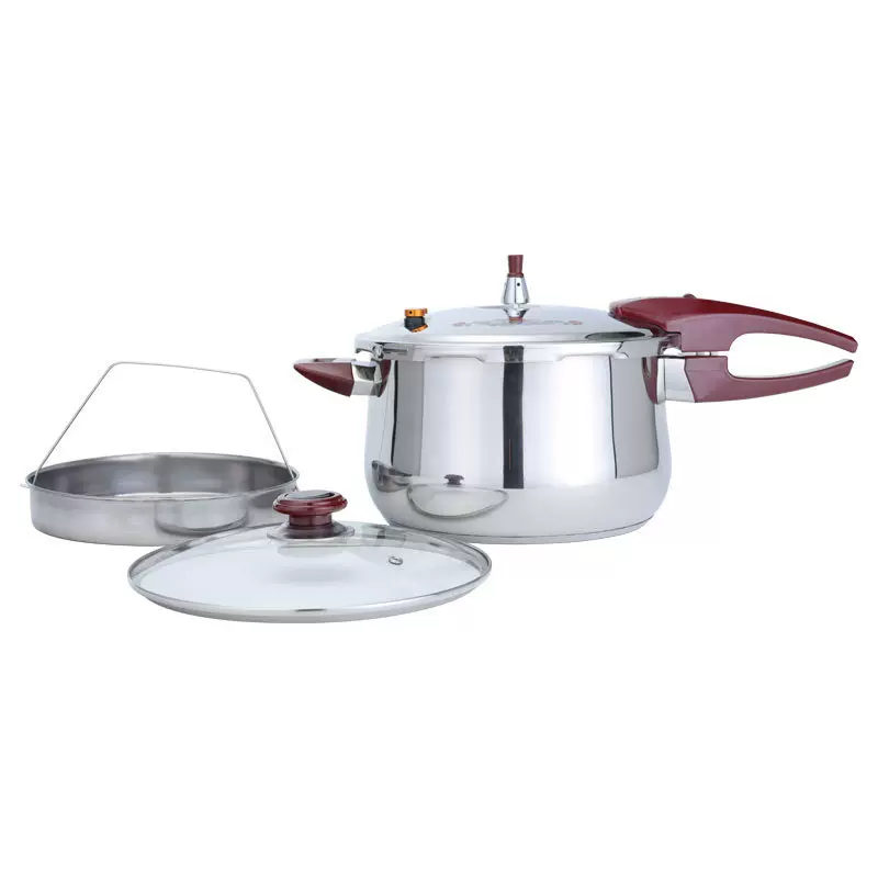 厂家直销加厚不锈钢压力锅家用高压锅带玻璃盖蒸格印花涨型压力锅