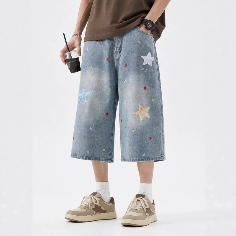 American-Style Star Patch Printed Denim Shorts for Men and Women, New Summer Casual Straight-Leg Loose Slimming Cropped Pants American-Style Star Patch Printed Denim Shorts for Men and Women, New Summer Casual Straight-Leg Loose Slimming Cropped Pants