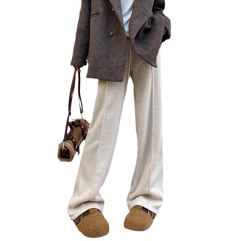 Pantalones de piernas anchas más gruesas para mujeres otoño y invierno de 2024 nuevos pantalones de cintura alta, pantalones casuales, pantalones rectos de lana a herringbone