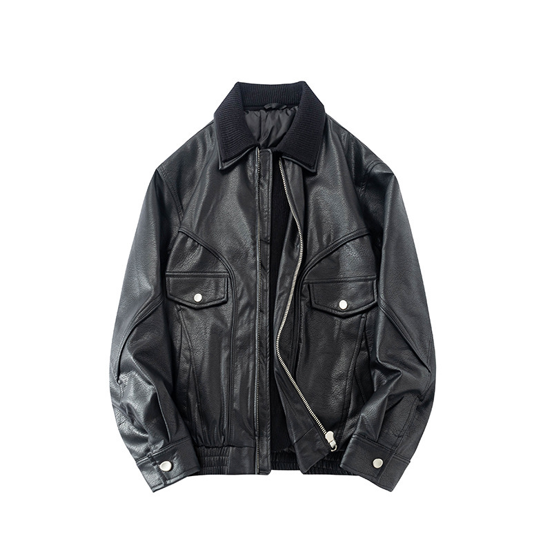 Falso de dos piezas de chaqueta de plumón con solapa de cuero PU para hombres 2025 invierno nuevo estilo casual suelto guapo chaqueta de diseño plumón