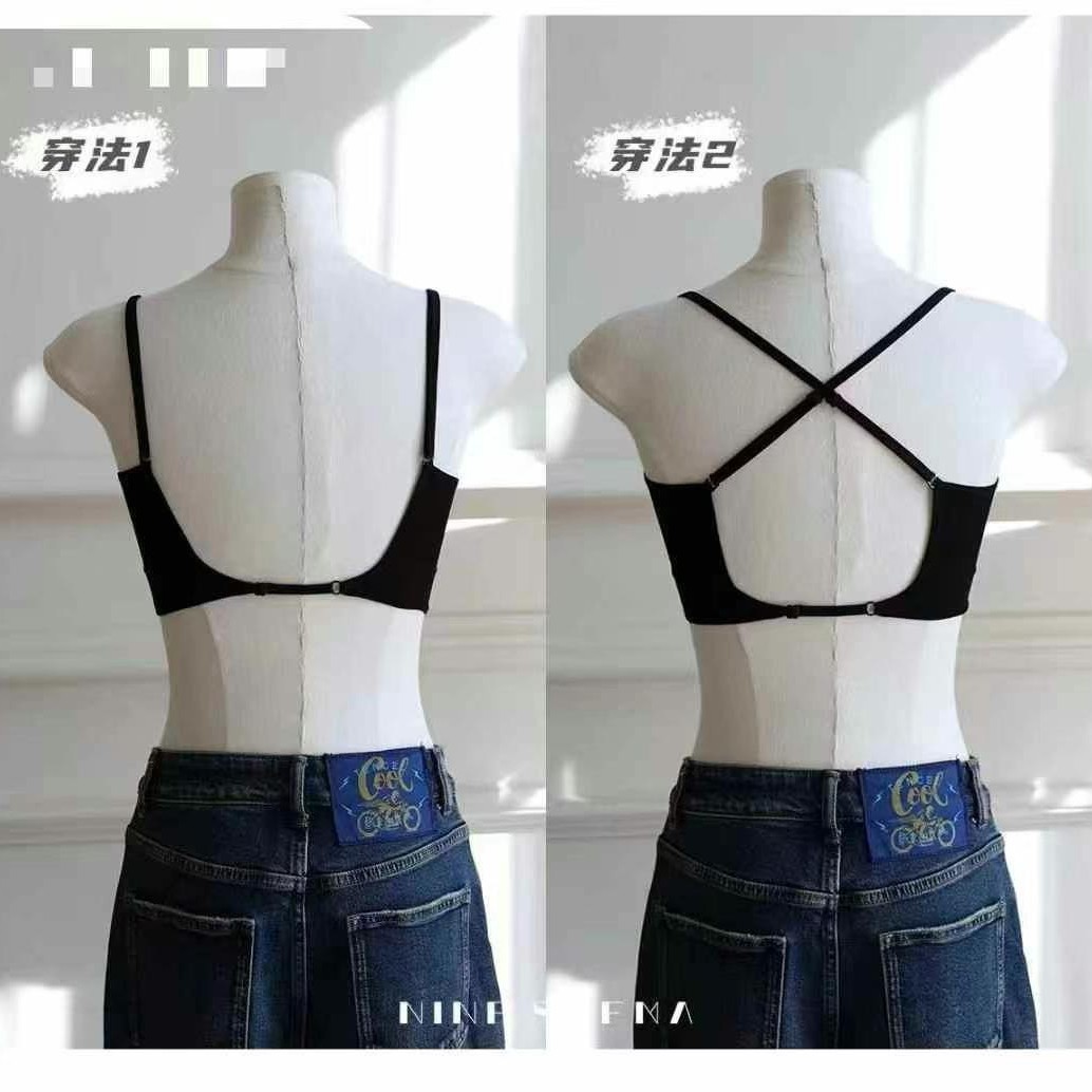 8223 coreano ins pechos pequeños ligeramente reunidos sexy ropa interior de mujer en V profunda nuevo producto color sólido tirantes finos sin anillo de acero niña