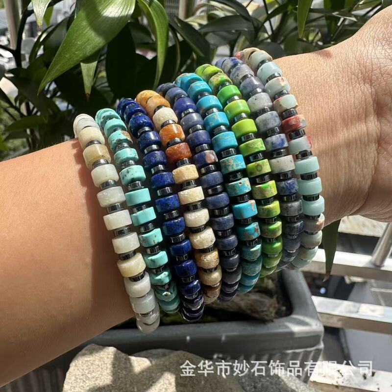 Cross-Border Hot Selling 3*6 Natural Stone Wheel Beads Women's Bracelet Bohemian Retro Elastic Rope Men's Bracelet