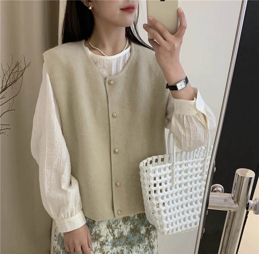 Chaleco Cárdiğan de Punto para Mujer de Cachemira de Punto Cuello Redondo Sin Mangas con Botones para Invierno