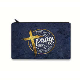 跨境款帆布笔袋批发,十字架和祈祷印刷化妆袋,可爱旅行袋,零钱包