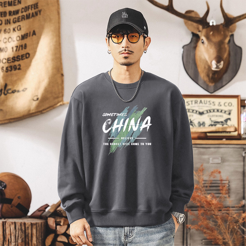 Nuevo pesado camiseta de cuello redondo otoño invierno primavera y otoño estilo chino masculino letras camiseta de manga larga suelta de moda