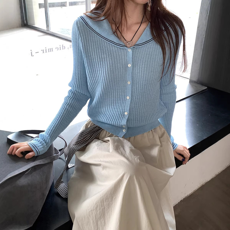Weisong Clothing 2026 Spring New Women's Korean Style Navy Collar Age-Reducing Versatile Long-Sleeve Knitted Cardigan Women's Top Weisong Clothing 2026 Spring New Women's Korean Style Navy Collar Age-Reducing Versatile Long-Sleeve Knitted Cardigan Women's Top