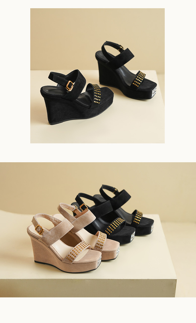 Sandal cao gót nữ mũi vuông hở ngón, đế xuồng 10 cm, phong cách La Mã đinh tán — màu đen, màu mơ chi tiết 6